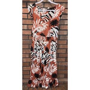 Roxy Tropical Palm Print Smocked Waist Midi Dress Orange Black White XL